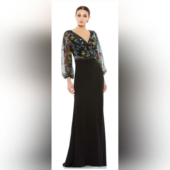 Mac Duggal EMBROIDERED ILLUSION PUFF SLEEVE COLUMN GOWN NWOT size 6 black (79379 - Picture 1 of 7